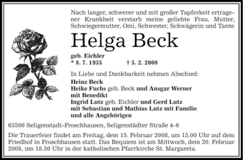 Traueranzeige von Helga Beck von OFFENBACH-POST/HANAU-POST