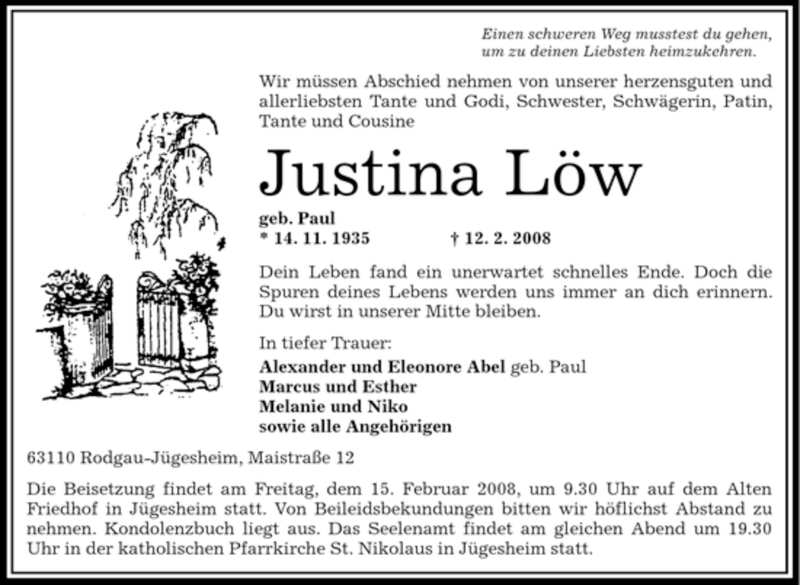  Traueranzeige für Justina Löw vom 14.02.2008 aus OFFENBACH-POST/HANAU-POST