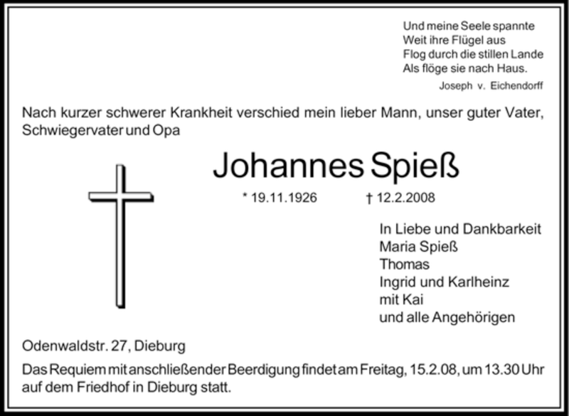  Traueranzeige für Johannes Spieß vom 14.02.2008 aus OFFENBACH-POST/HANAU-POST