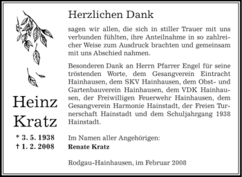 Traueranzeige von Heinz Kratz von OFFENBACH-POST/HANAU-POST