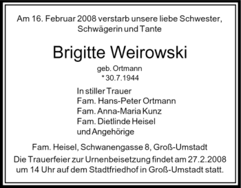 Traueranzeige von Brigitte Weirowski von OFFENBACH-POST/HANAU-POST