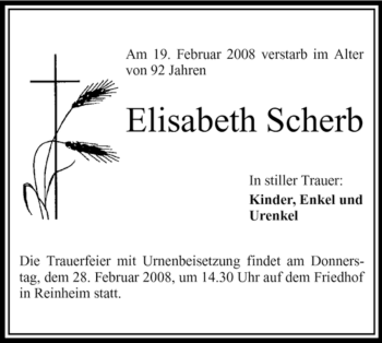 Traueranzeige von Elisabeth Scherb von OFFENBACH-POST/HANAU-POST