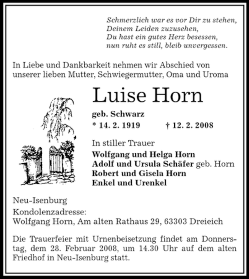  Traueranzeige für Horn Luise vom 28.02.2008 aus OFFENBACH-POST/HANAU-POST