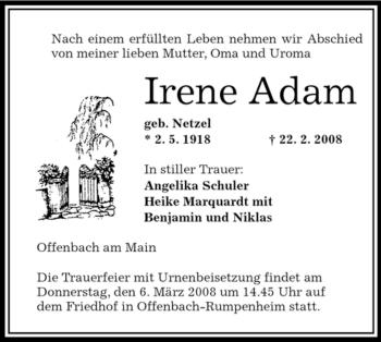 Traueranzeige von Irene Adam von OFFENBACH-POST/HANAU-POST