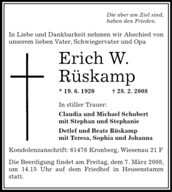 Traueranzeige von Erich W. Rüskamp von OFFENBACH-POST/HANAU-POST