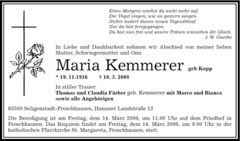 Traueranzeige von Maria Kemmerer von OFFENBACH-POST/HANAU-POST