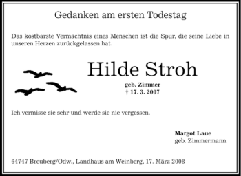 Traueranzeige von Hilde Stroh von OFFENBACH-POST/HANAU-POST