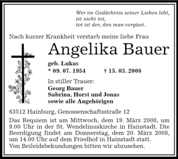 Traueranzeige von Angelika Bauer von OFFENBACH-POST/HANAU-POST