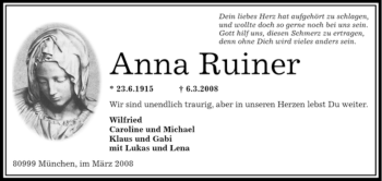 Traueranzeige von Anna Ruiner von OFFENBACH-POST/HANAU-POST