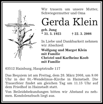 Traueranzeige von Gerda Klein von OFFENBACH-POST/HANAU-POST