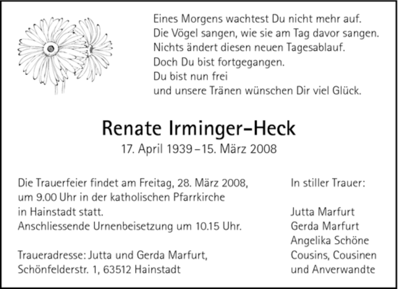  Traueranzeige für Renate Irminger-Heck vom 27.03.2008 aus OFFENBACH-POST/HANAU-POST