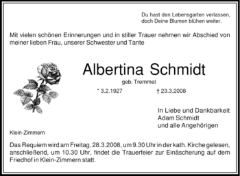 Traueranzeige von Albertina Schmidt von OFFENBACH-POST/HANAU-POST