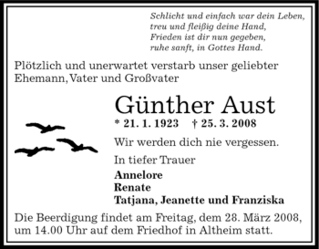 Traueranzeige von Günther Aust von OFFENBACH-POST/HANAU-POST