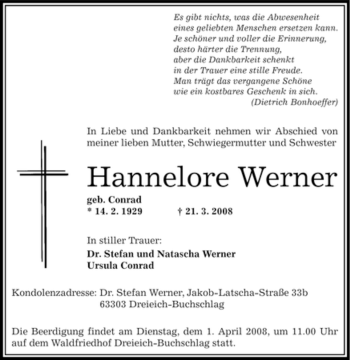 Traueranzeige von Hannelore Werner von OFFENBACH-POST/HANAU-POST