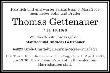 Traueranzeige von Thomas Gettenauer von OFFENBACH-POST/HANAU-POST