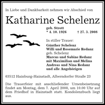 Traueranzeige von Katharine Schelenz von OFFENBACH-POST/HANAU-POST