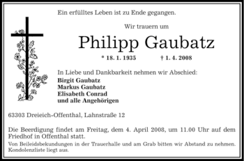 Traueranzeige von Philipp Gaubatz von OFFENBACH-POST/HANAU-POST