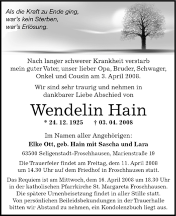 Traueranzeige von Wendelin Hain von OFFENBACH-POST/HANAU-POST