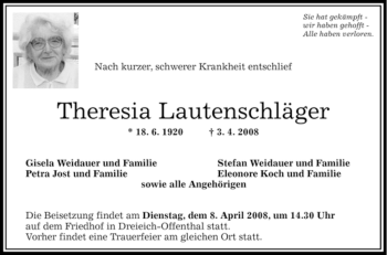 Traueranzeige von Theresia Lautenschläger von OFFENBACH-POST/HANAU-POST