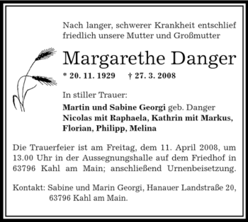 Traueranzeige von Margarethe Danger von OFFENBACH-POST/HANAU-POST