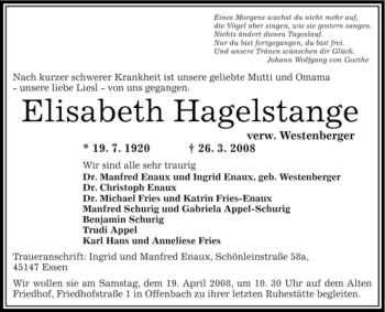 Traueranzeige von Elisabeth Hagelstange von OFFENBACH-POST/HANAU-POST