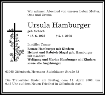 Traueranzeige von Ursula Hamburger von OFFENBACH-POST/HANAU-POST