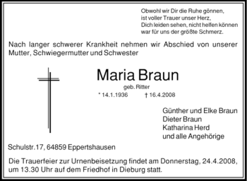 Traueranzeige von Maria Braun von OFFENBACH-POST/HANAU-POST