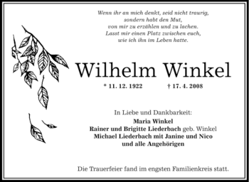 Traueranzeige von Wilhelm Winkel von OFFENBACH-POST/HANAU-POST