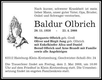 Traueranzeige von Baldur Olbrich von OFFENBACH-POST/HANAU-POST