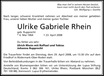 Traueranzeige von Ulrike Gabriele Rhein von OFFENBACH-POST/HANAU-POST