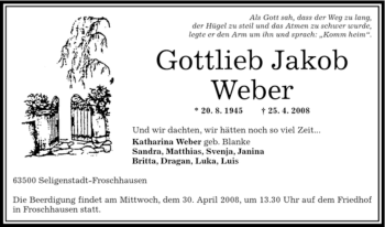 Traueranzeige von Gottlieb Jakob Weber von OFFENBACH-POST/HANAU-POST