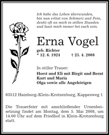 Traueranzeige von Erna Vogel von OFFENBACH-POST/HANAU-POST