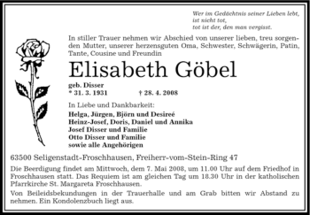 Traueranzeige von Elisabeth Göbel von OFFENBACH-POST/HANAU-POST