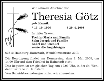 Traueranzeige von Theresia Götz von OFFENBACH-POST/HANAU-POST