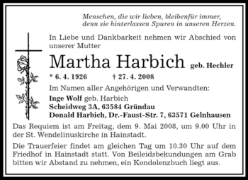 Traueranzeige von Martha Harbich von OFFENBACH-POST/HANAU-POST