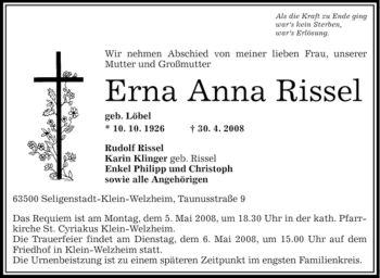 Traueranzeige von Erna Anna Rissel von OFFENBACH-POST/HANAU-POST