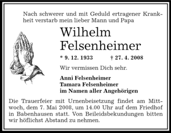 Traueranzeige von Wilhelm Felsenheimer von OFFENBACH-POST/HANAU-POST