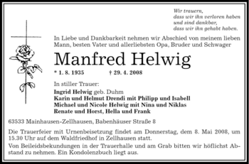 Traueranzeige von Manfred Helwig von OFFENBACH-POST/HANAU-POST