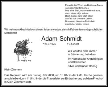 Traueranzeige von Adam Schmidt von OFFENBACH-POST/HANAU-POST