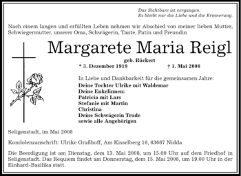 Traueranzeige von Margarete Maria Reigl von OFFENBACH-POST/HANAU-POST