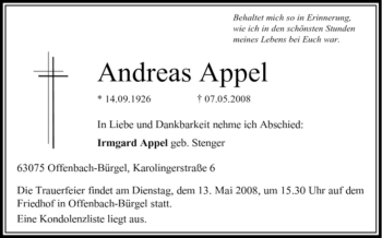 Traueranzeige von Andreas Appel von OFFENBACH-POST/HANAU-POST