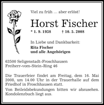 Traueranzeige von Horst Fischer von OFFENBACH-POST/HANAU-POST