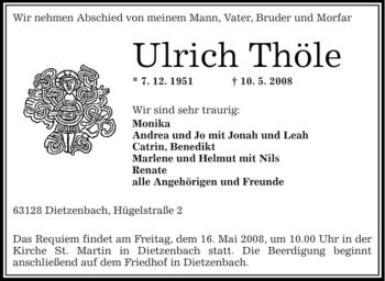 Traueranzeige von Ulrich Thöle von OFFENBACH-POST/HANAU-POST