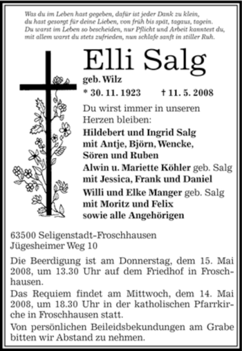 Traueranzeige von Elli Salg von OFFENBACH-POST/HANAU-POST