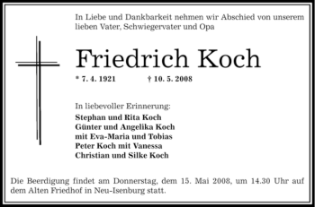 Traueranzeige von Friedrich Koch von OFFENBACH-POST/HANAU-POST