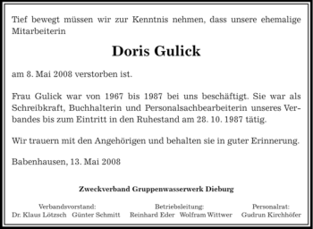 Traueranzeige von Doris Gulick von OFFENBACH-POST/HANAU-POST