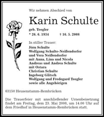 Traueranzeige von Karin Schulte von OFFENBACH-POST/HANAU-POST