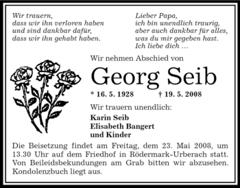Traueranzeige von Georg Seib von OFFENBACH-POST/HANAU-POST