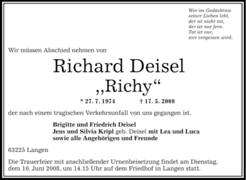 Traueranzeige von Richard Deisel von OFFENBACH-POST/HANAU-POST