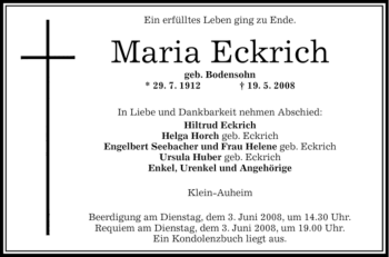 Traueranzeige von Maria Eckrich von OFFENBACH-POST/HANAU-POST